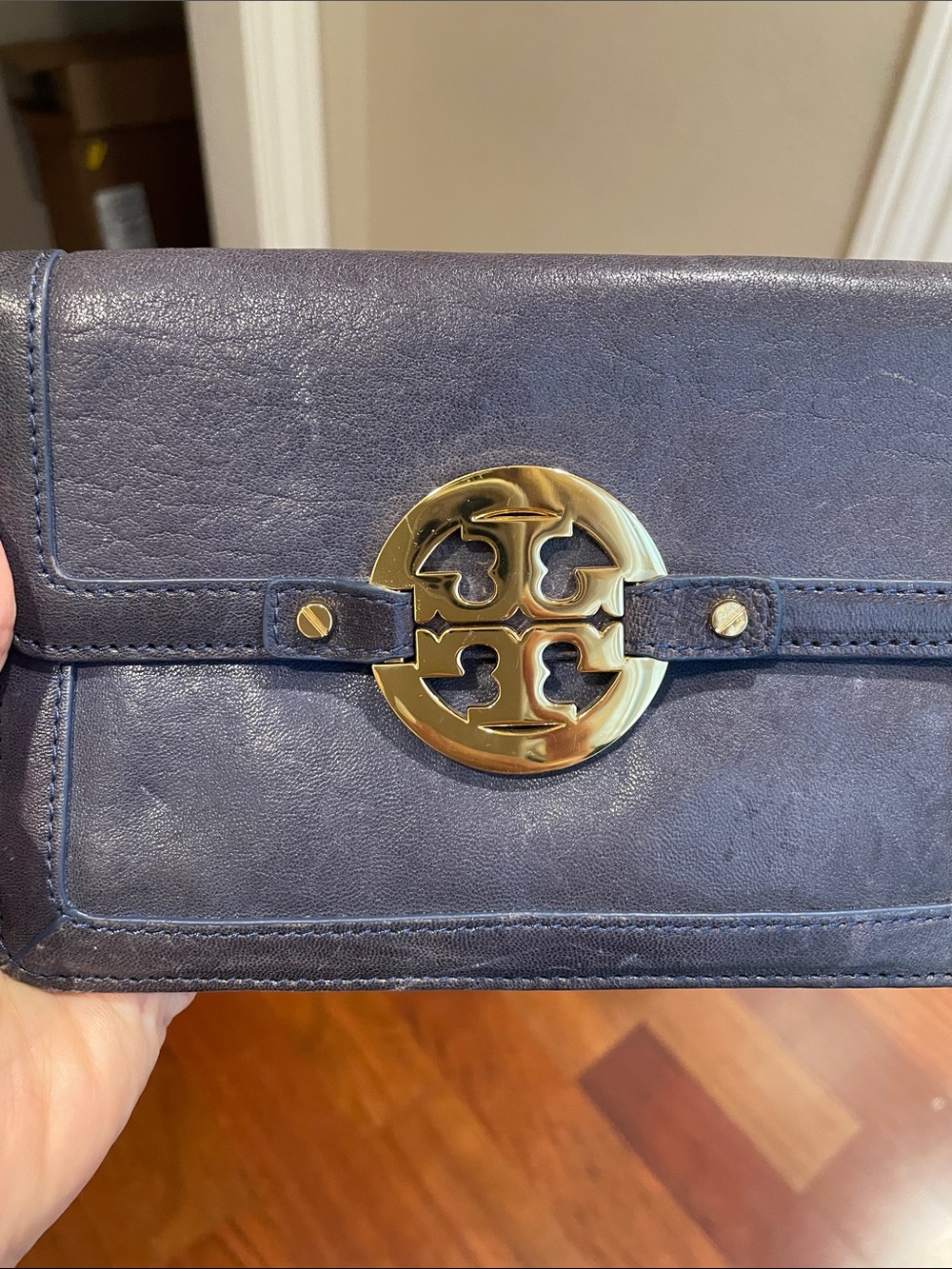 Tory Burch Navy Leather Wallet with Gold Logo Hardware